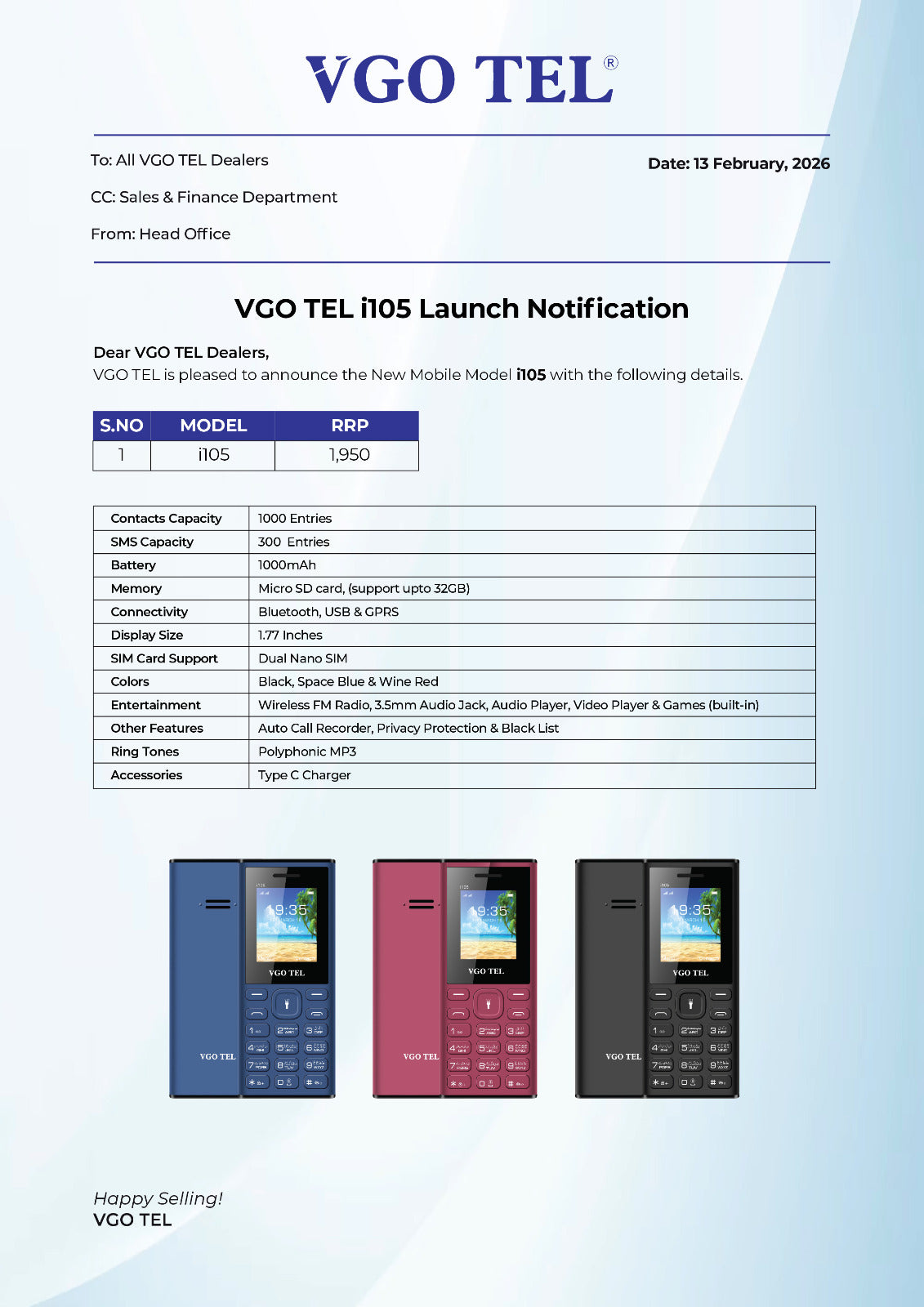 VGO TEL LAUNCHES i105 FEATURE PHONE WITH 2950MAH BATTERY
