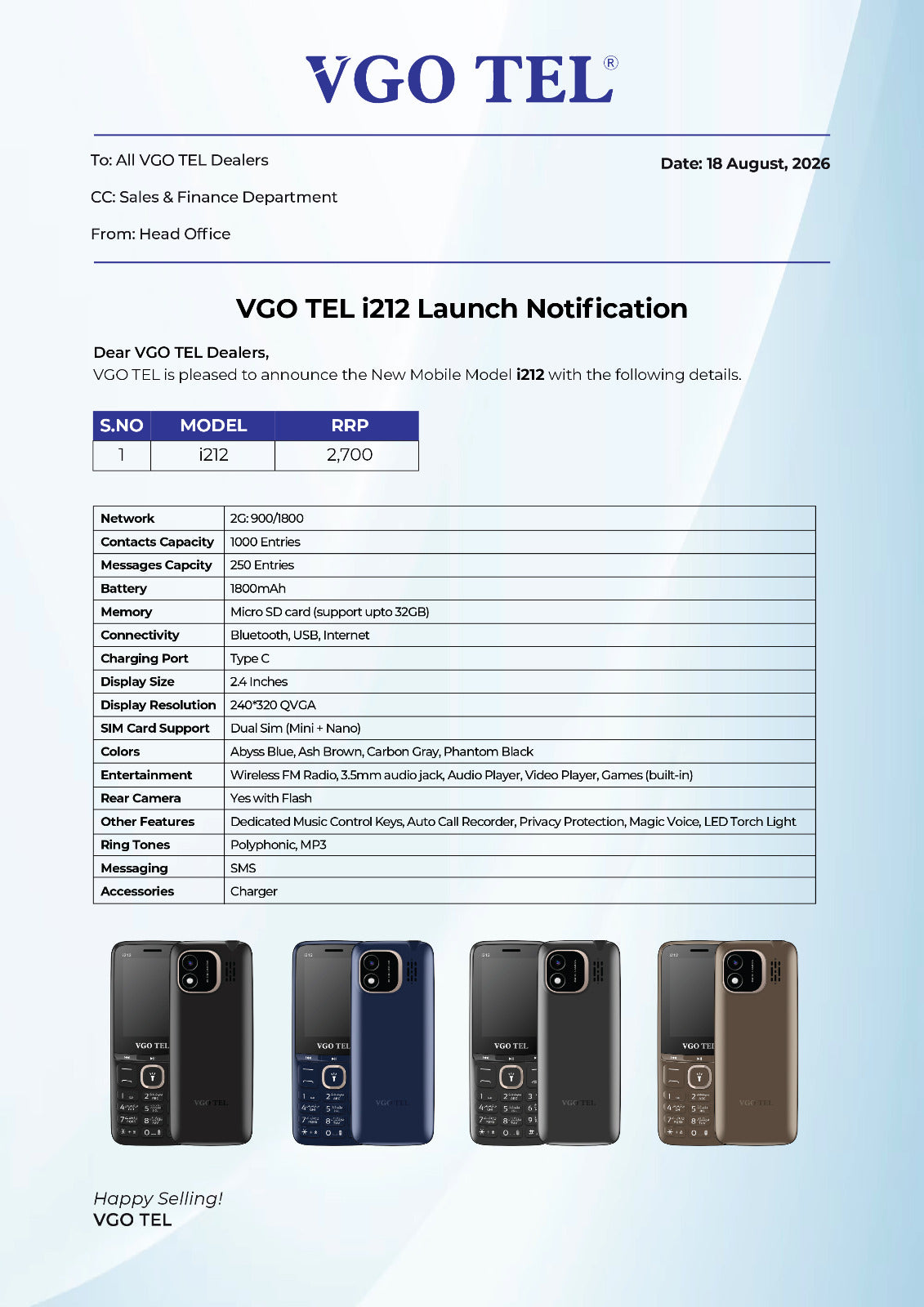 VGO TEL INTRODUCES i212 – A RELIABLE FEATURE PHONE FOR EVERYDAY NEEDS